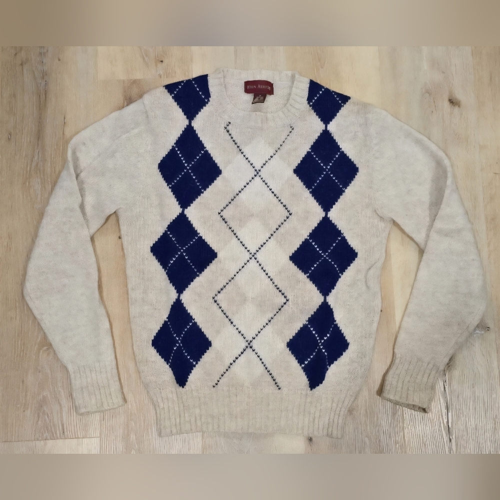John Ashford Argyle Sweater Mens Medium Shetland Wool Vintage Crewneck